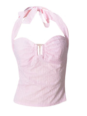 Solid Tie Back Halter Pink Pleated Cami Vacation Party Top