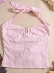 Solid Tie Back Halter Pink Pleated Cami Vacation Party Top