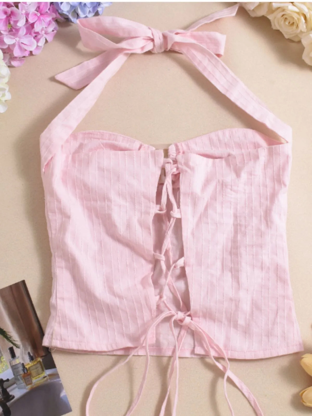 Solid Tie Back Halter Pink Pleated Cami Vacation Party Top