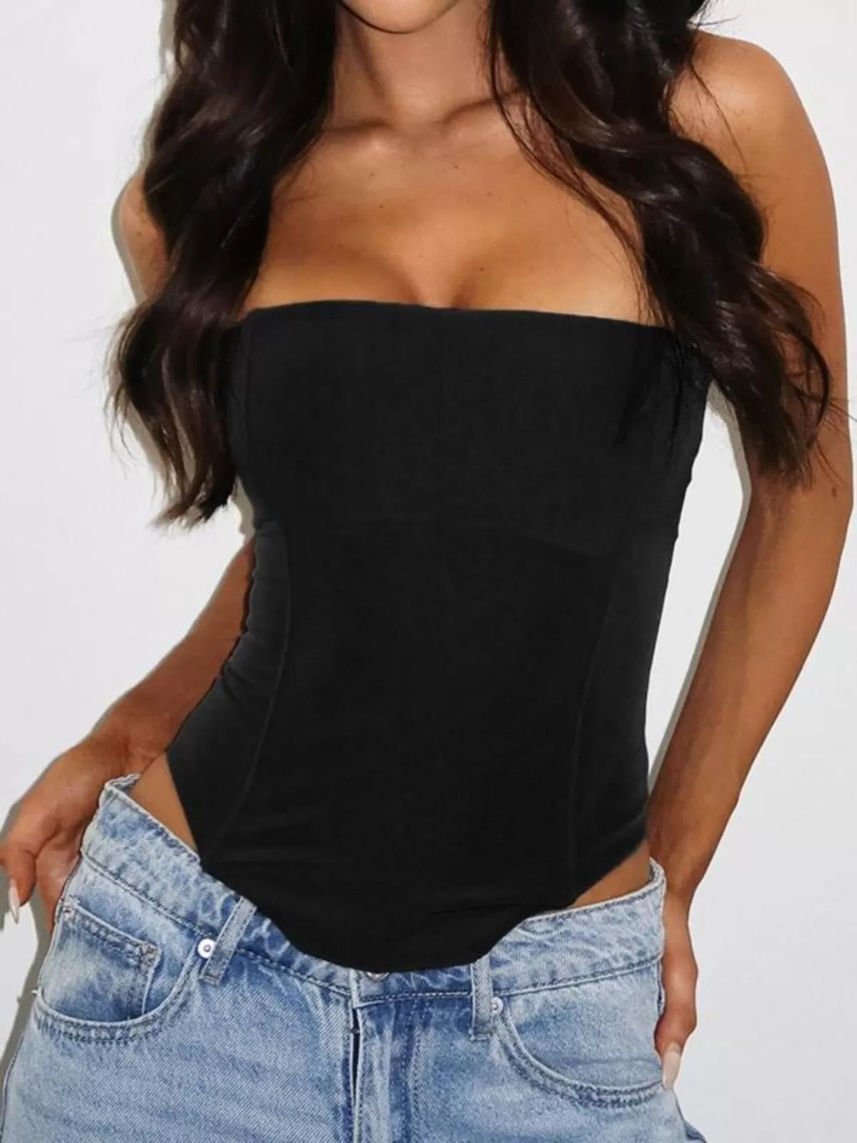Solid Tie Back High Low Hem Strapless Corset Tube Top