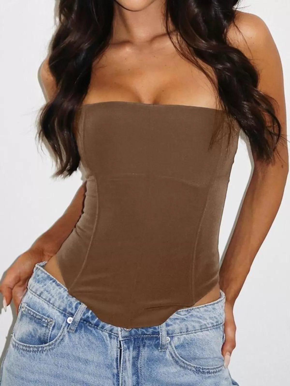 Solid Tie Back High Low Hem Strapless Corset Tube Top