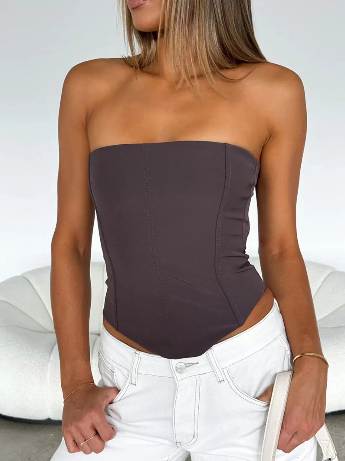 Solid Tie Back High Low Hem Strapless Corset Tube Top