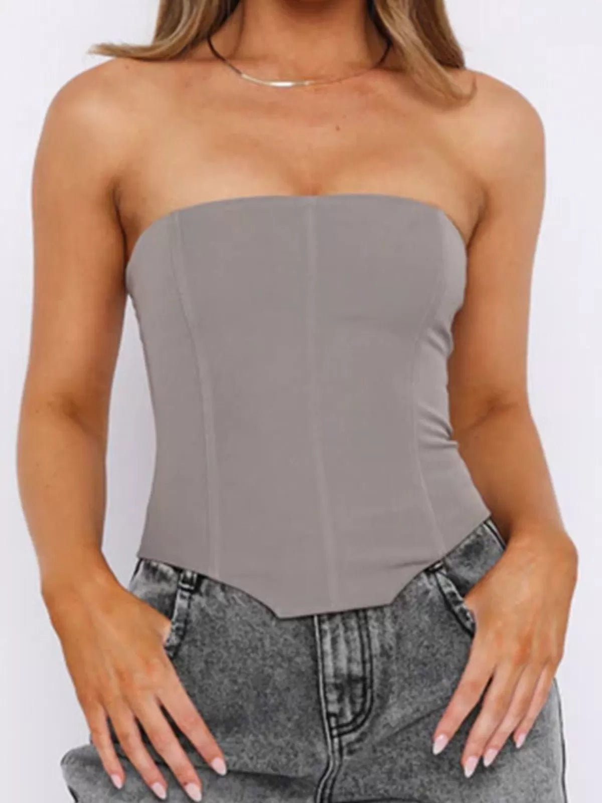 Solid Tie Back High Low Hem Strapless Corset Tube Top