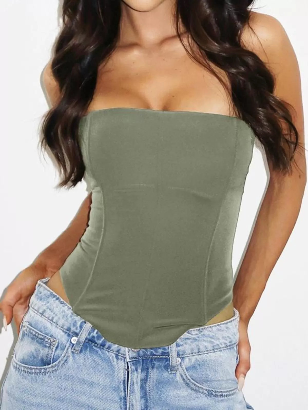 Solid Tie Back High Low Hem Strapless Corset Tube Top