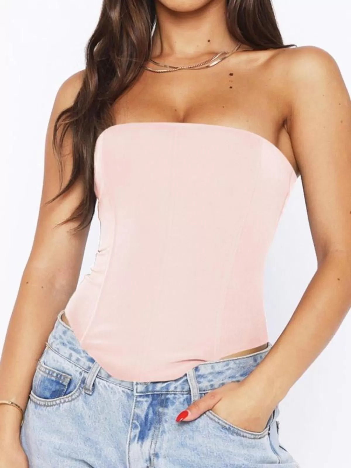 Solid Tie Back High Low Hem Strapless Corset Tube Top