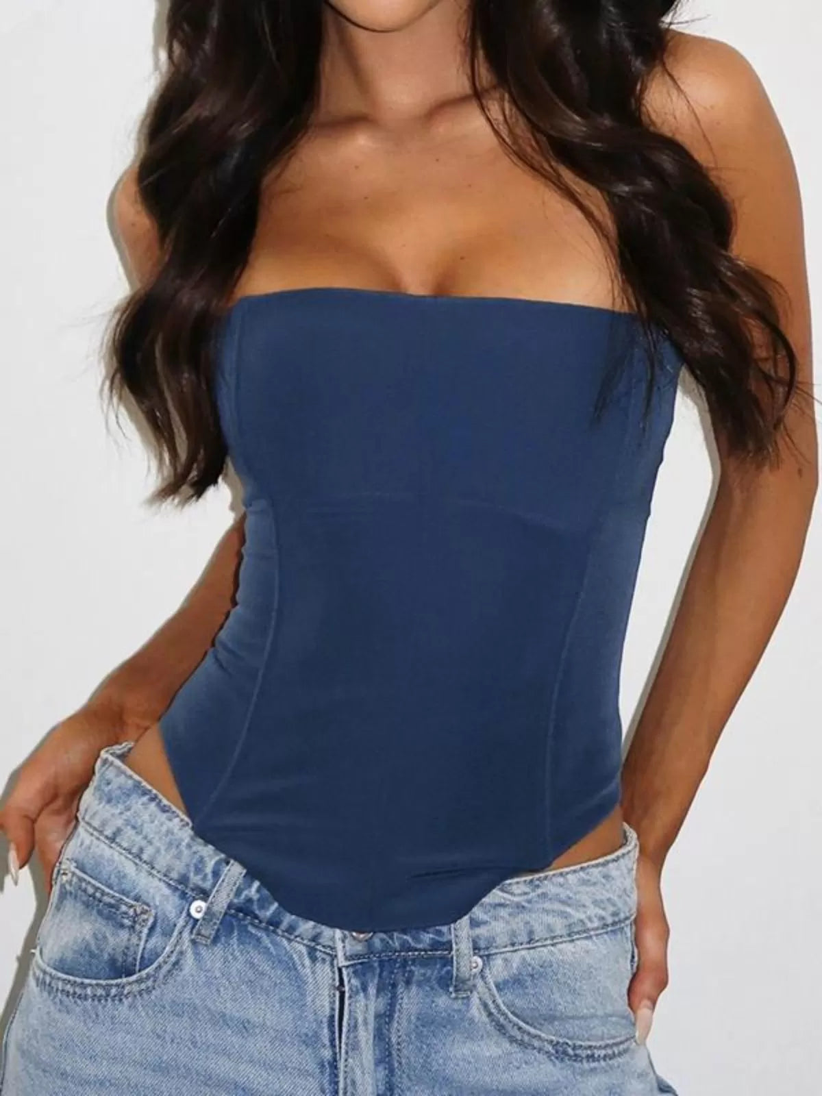 Solid Tie Back High Low Hem Strapless Corset Tube Top