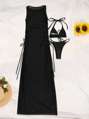 Solid Tie Back Low Rise High Neck Bikini Sets 