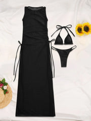 Solid Tie Back Low Rise High Neck Bikini Sets 
