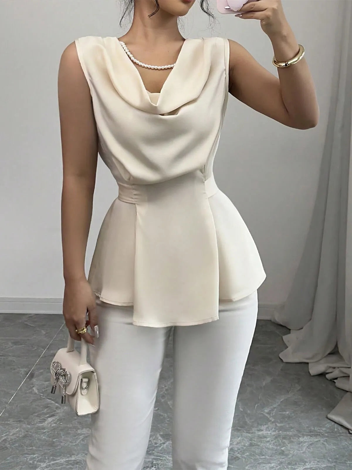 Pearlescent White Draped Neckline Peplum Hem Blouse