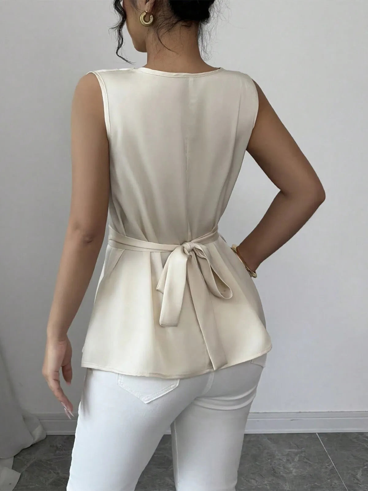Pearlescent White Draped Neckline Peplum Hem Blouse
