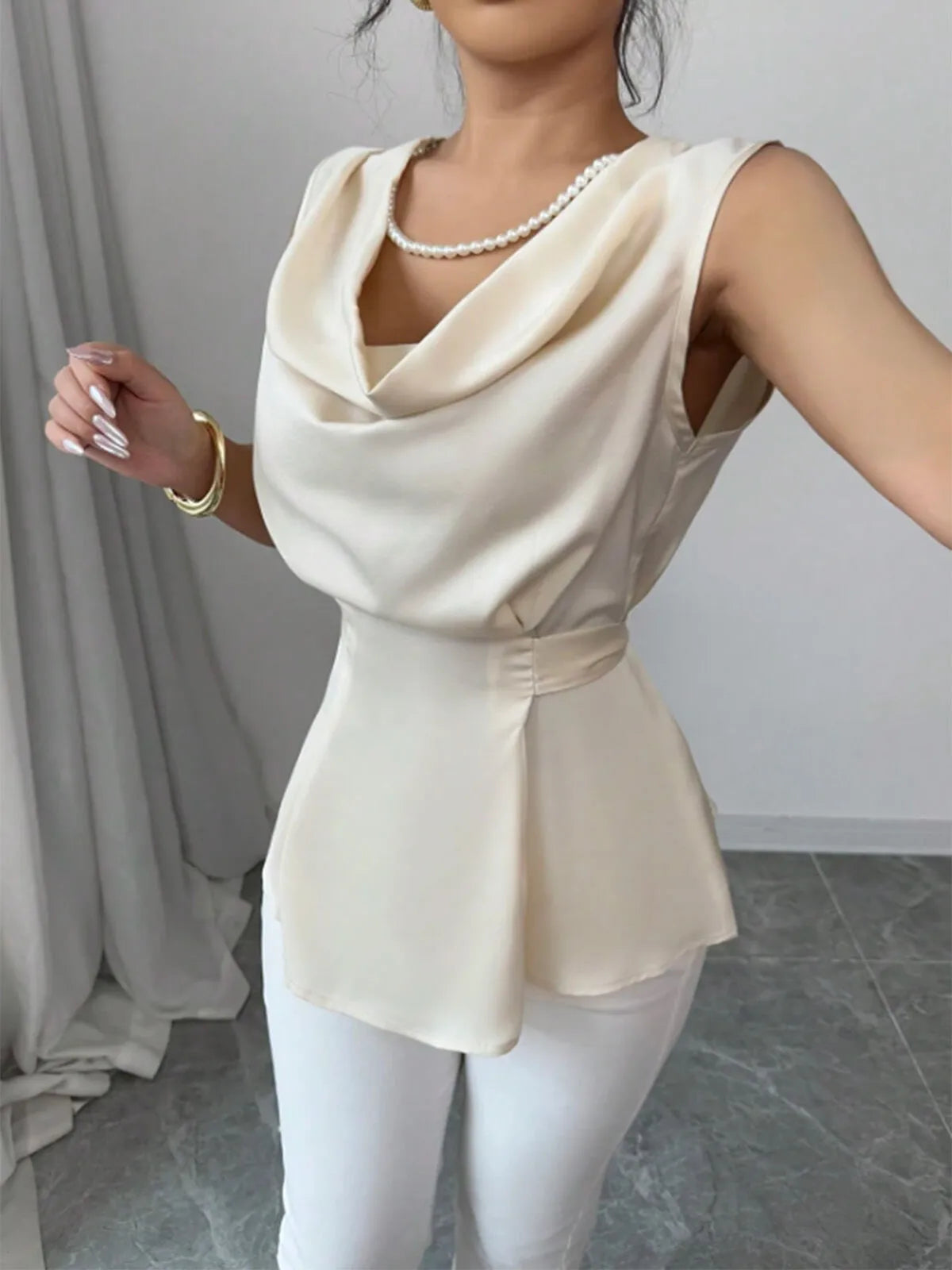 Pearlescent White Draped Neckline Peplum Hem Blouse