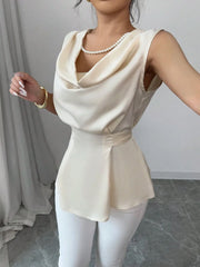 Pearlescent White Draped Neckline Peplum Hem Blouse
