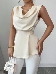 Pearlescent White Draped Neckline Peplum Hem Blouse