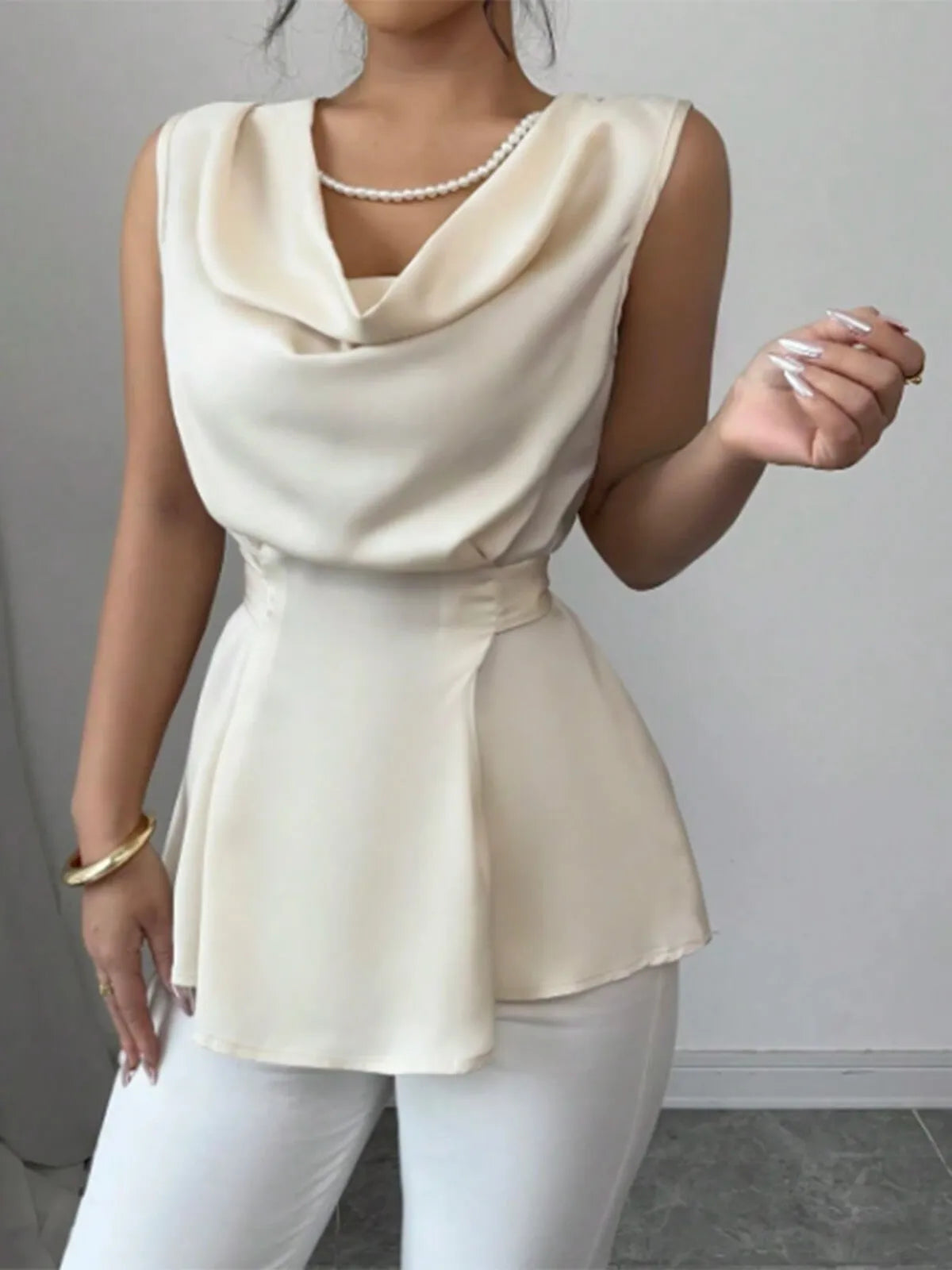 Pearlescent White Draped Neckline Peplum Hem Blouse
