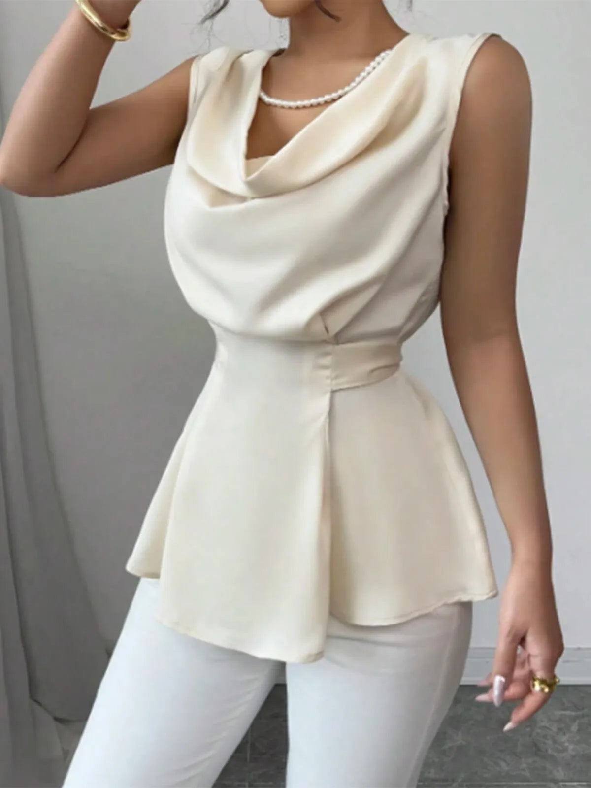Pearlescent White Draped Neckline Peplum Hem Blouse