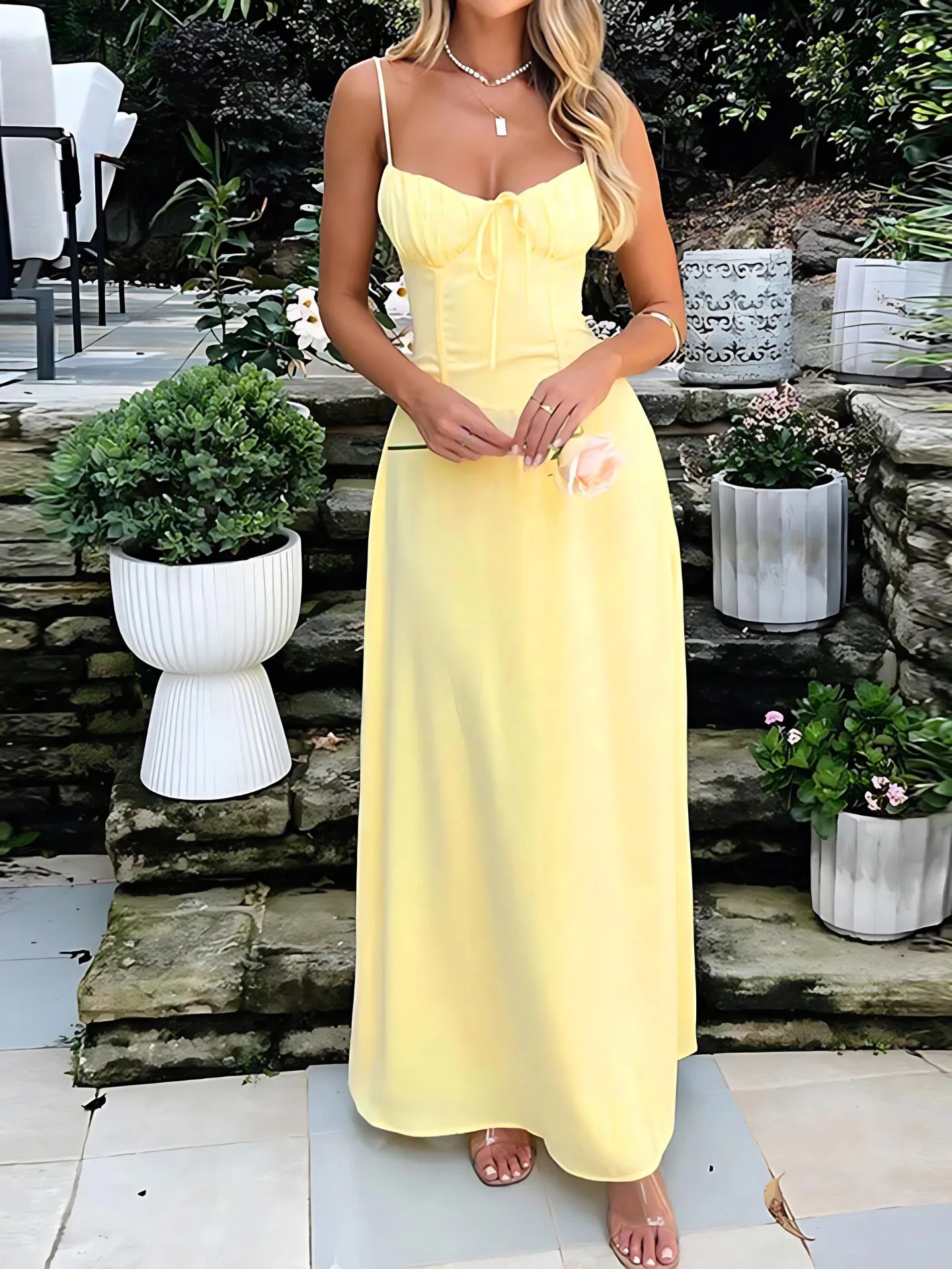 Solid Tie Back Spaghetti Strap A-line Dress