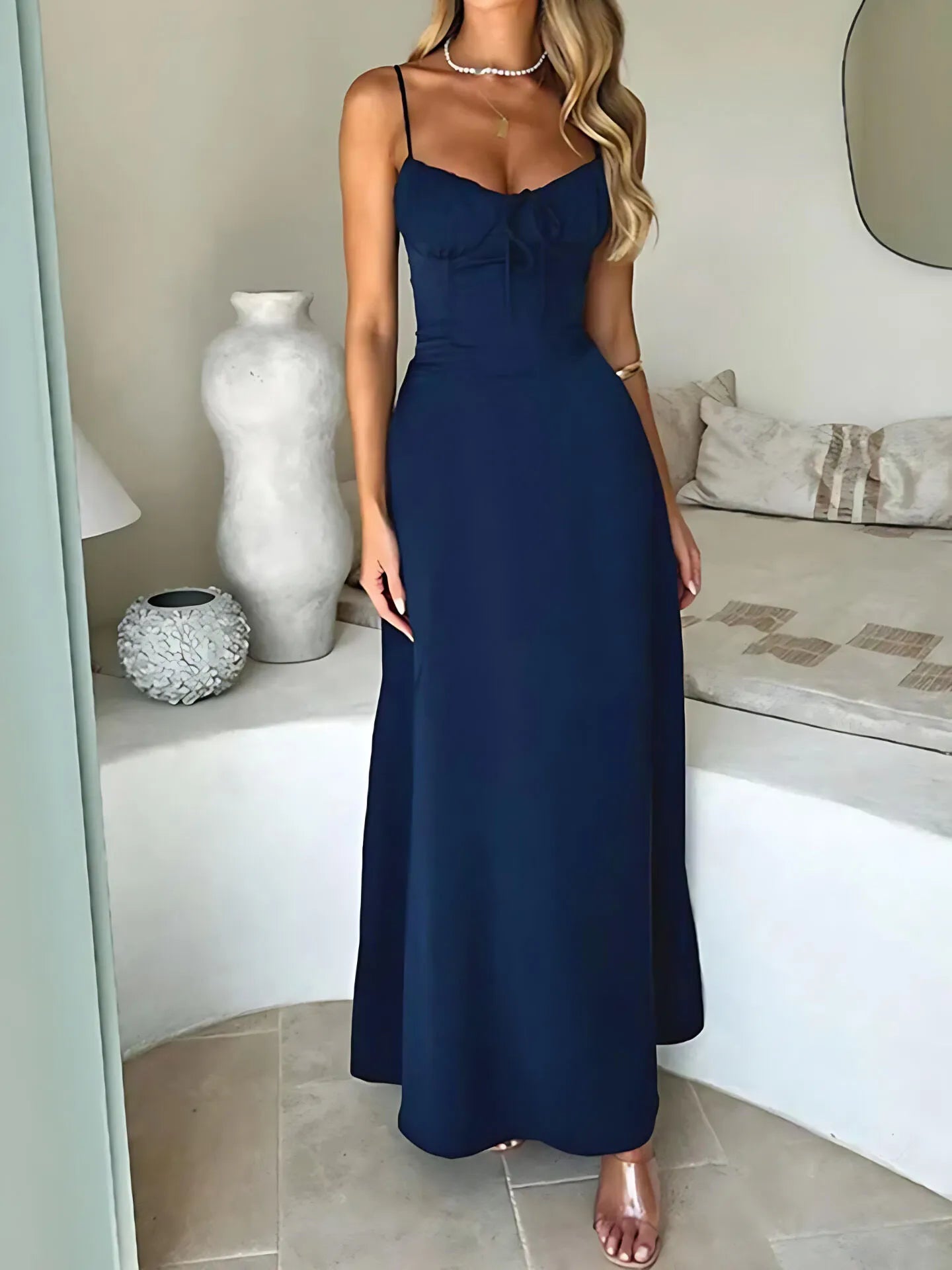 Solid Tie Back Spaghetti Strap A-line Dress