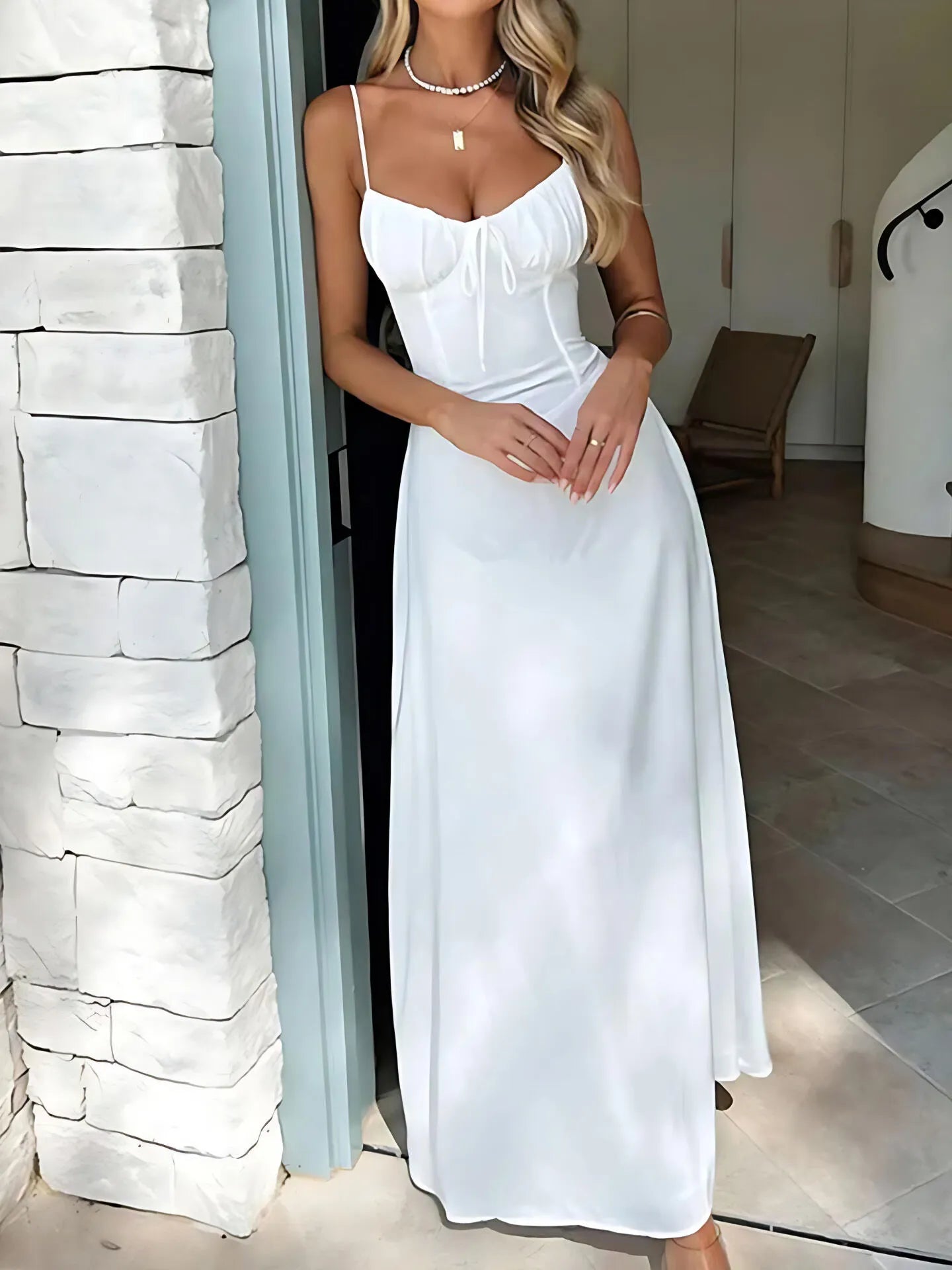 Solid Tie Back Spaghetti Strap A-line Dress