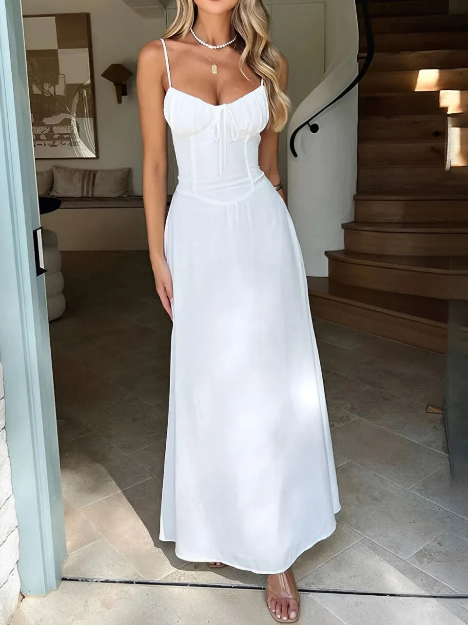 Solid Tie Back Spaghetti Strap A-line Dress