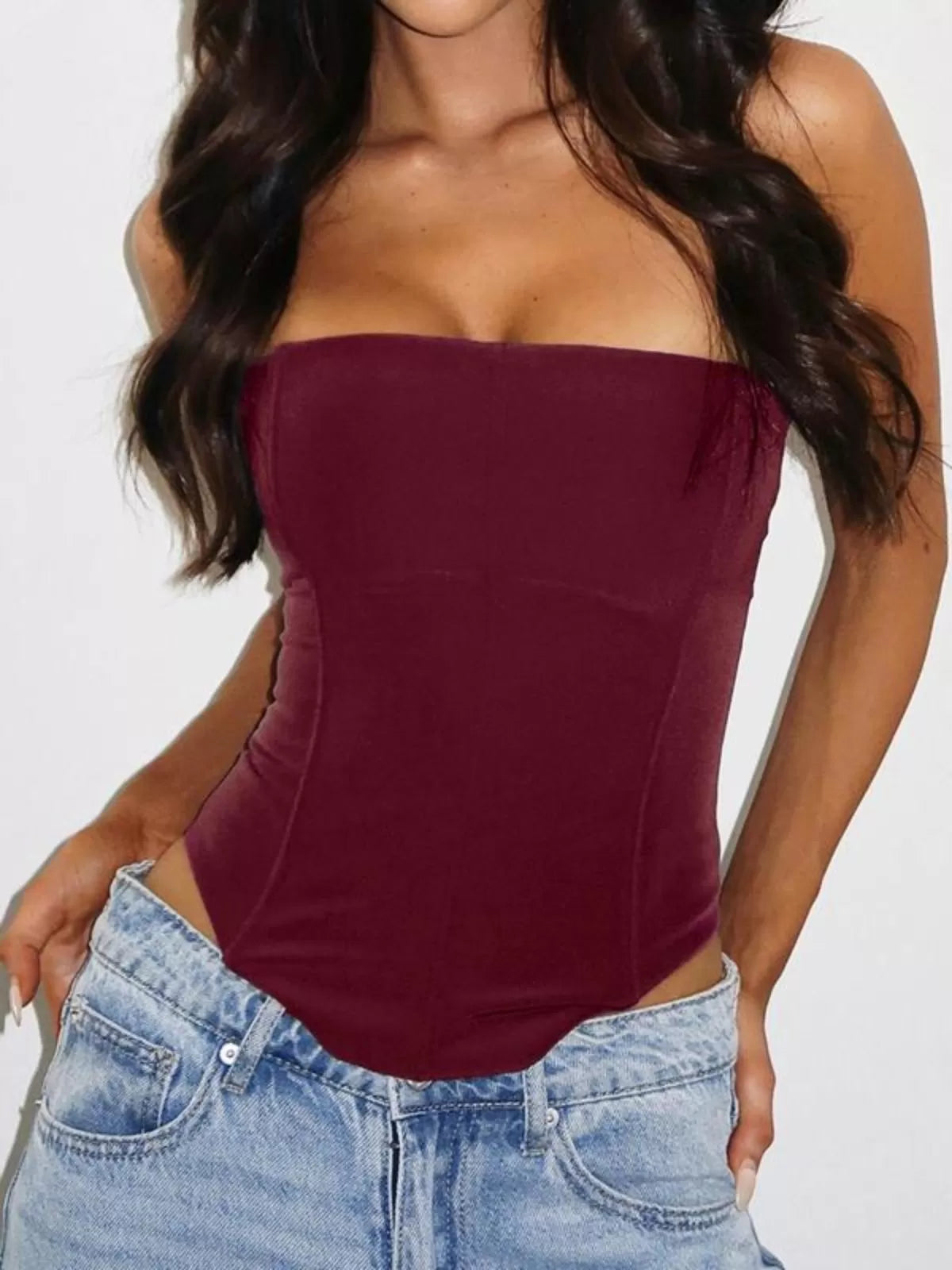 Solid Tie Back High Low Hem Strapless Corset Tube Top