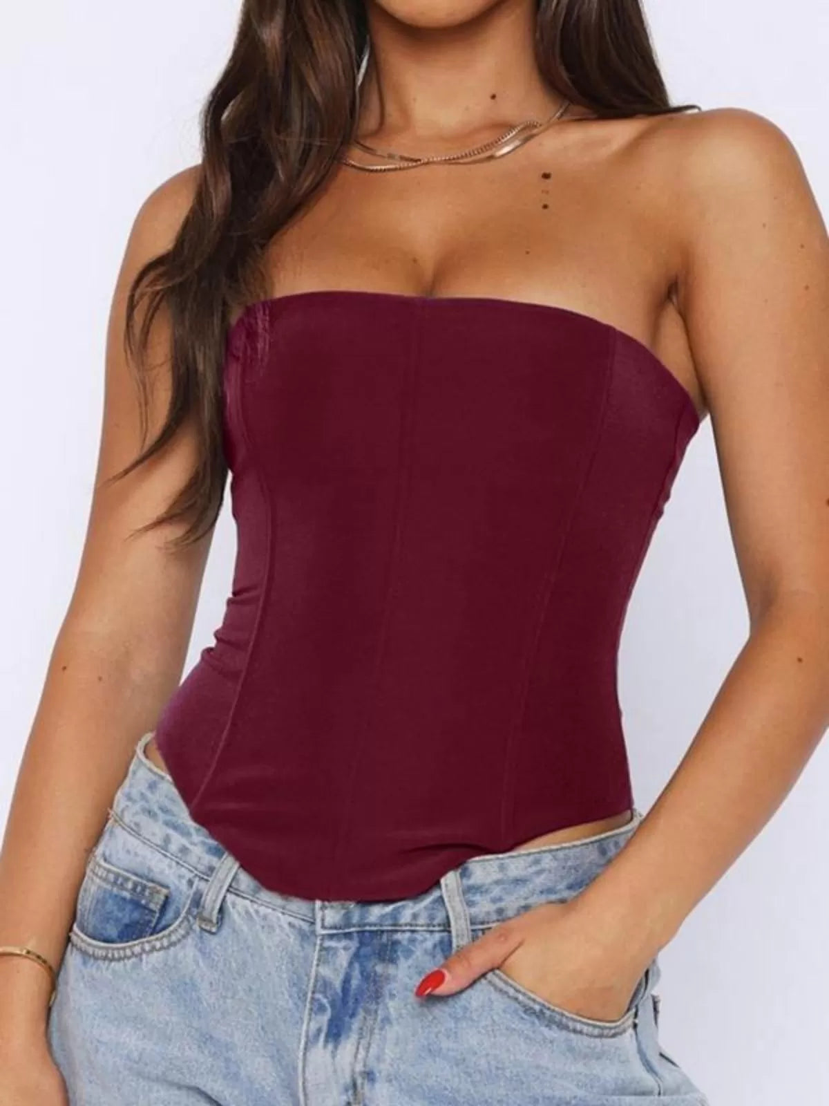 Solid Tie Back High Low Hem Strapless Corset Tube Top