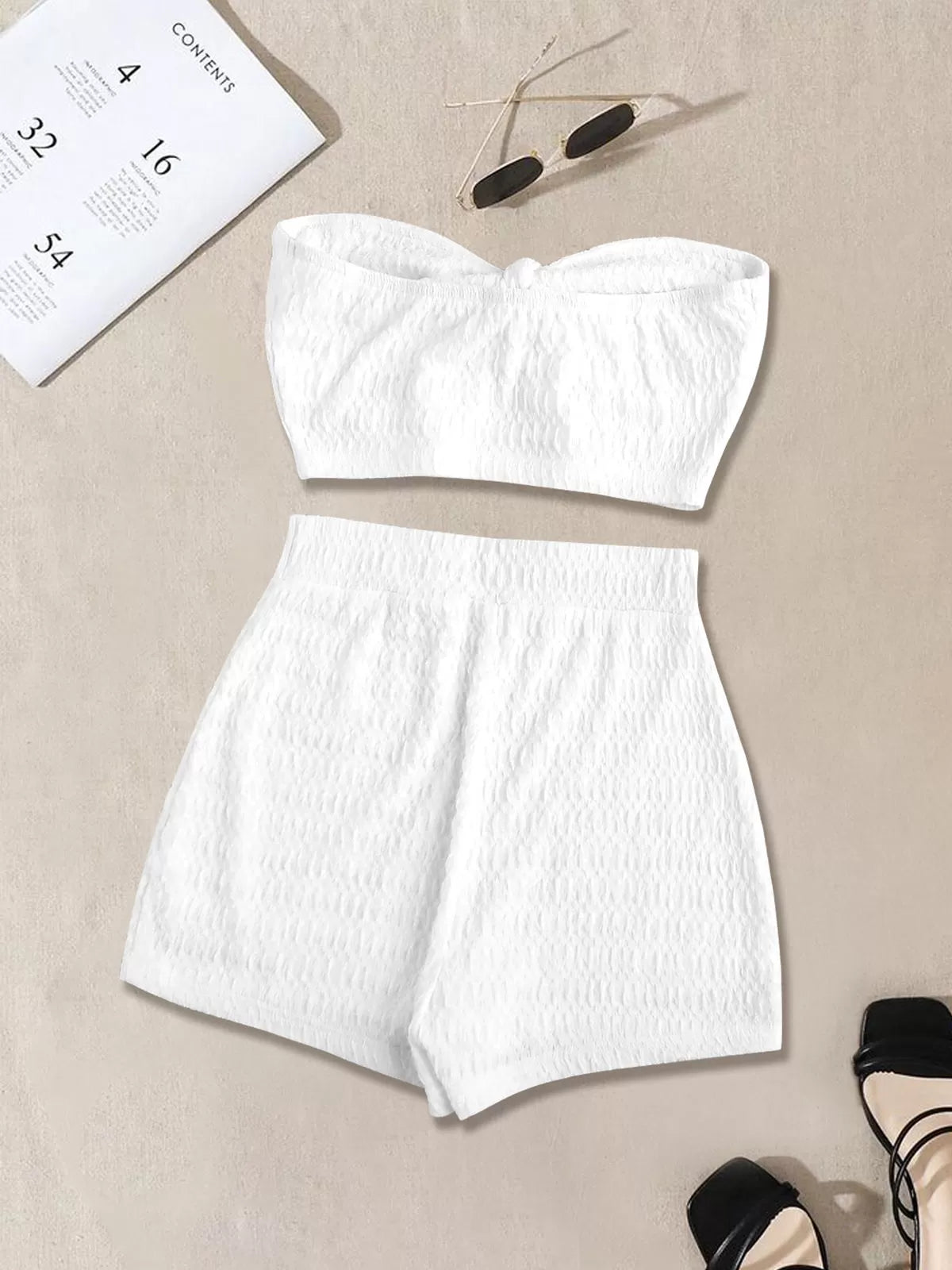 Solid Strapless Bow Top & Solid Shorts