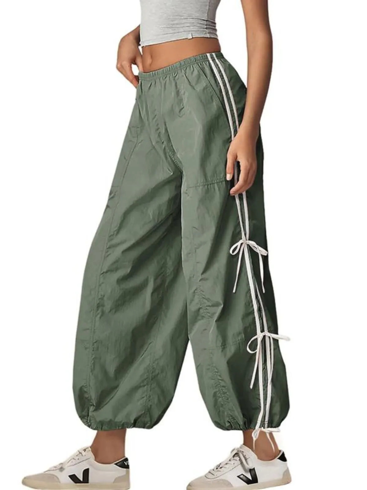 Parachute Style Elastic High Waist Full Twist Hiking Adjustable Cuffs Cargo Pants