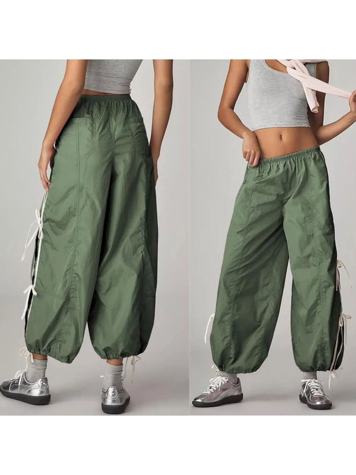 Parachute Style Elastic High Waist Full Twist Hiking Adjustable Cuffs Cargo Pants