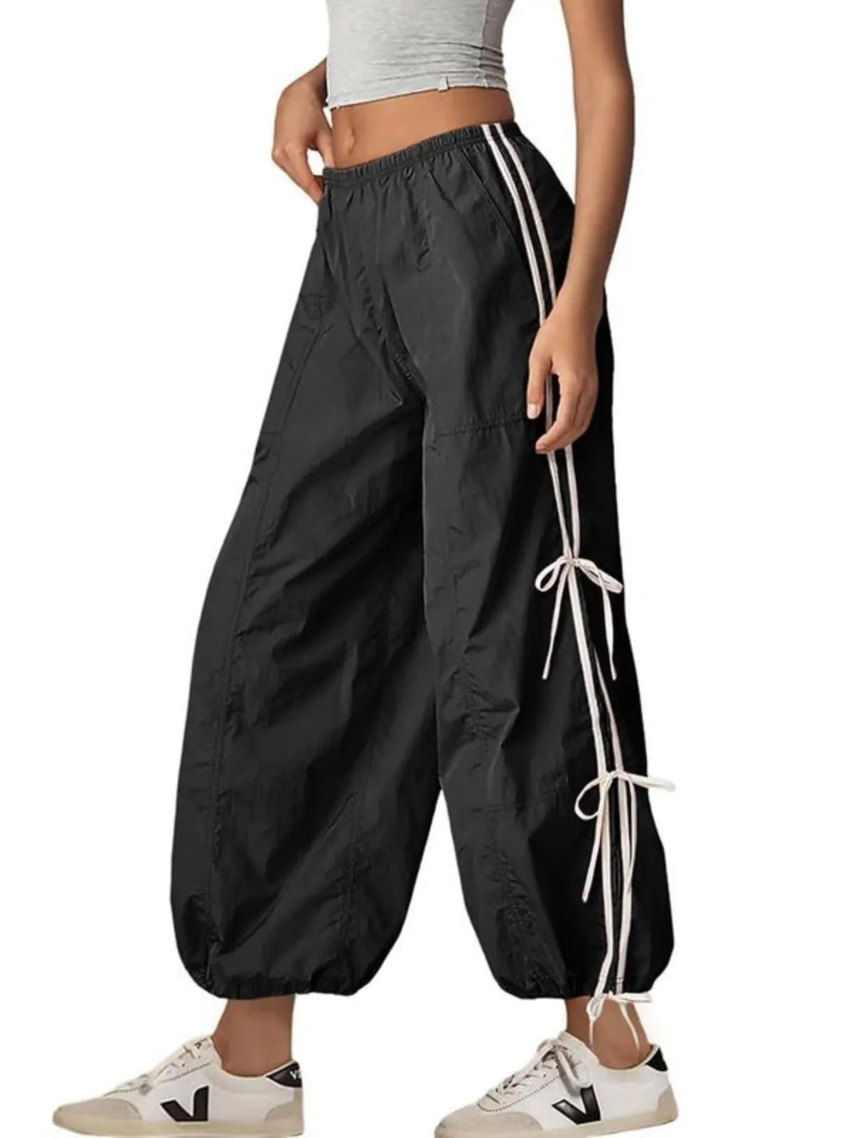 Parachute Style Elastic High Waist Full Twist Hiking Adjustable Cuffs Cargo Pants