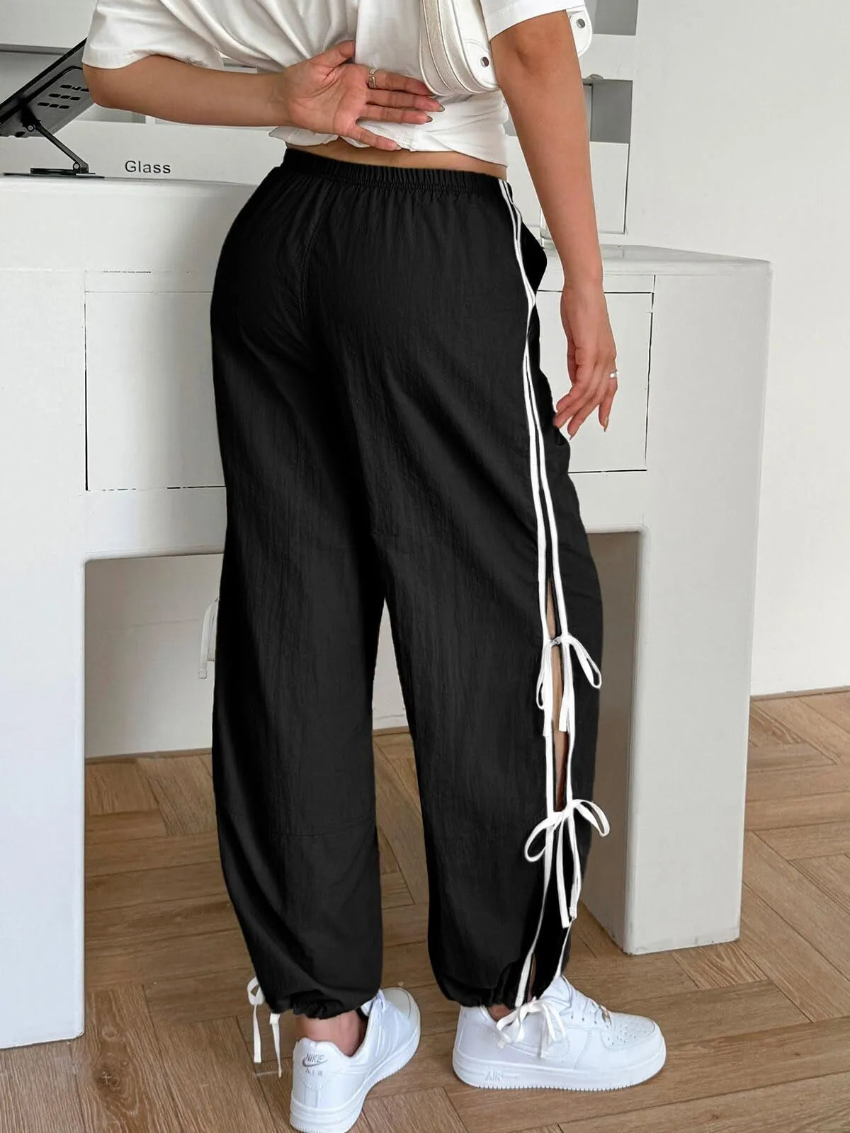 Parachute Style Elastic High Waist Full Twist Hiking Adjustable Cuffs Cargo Pants