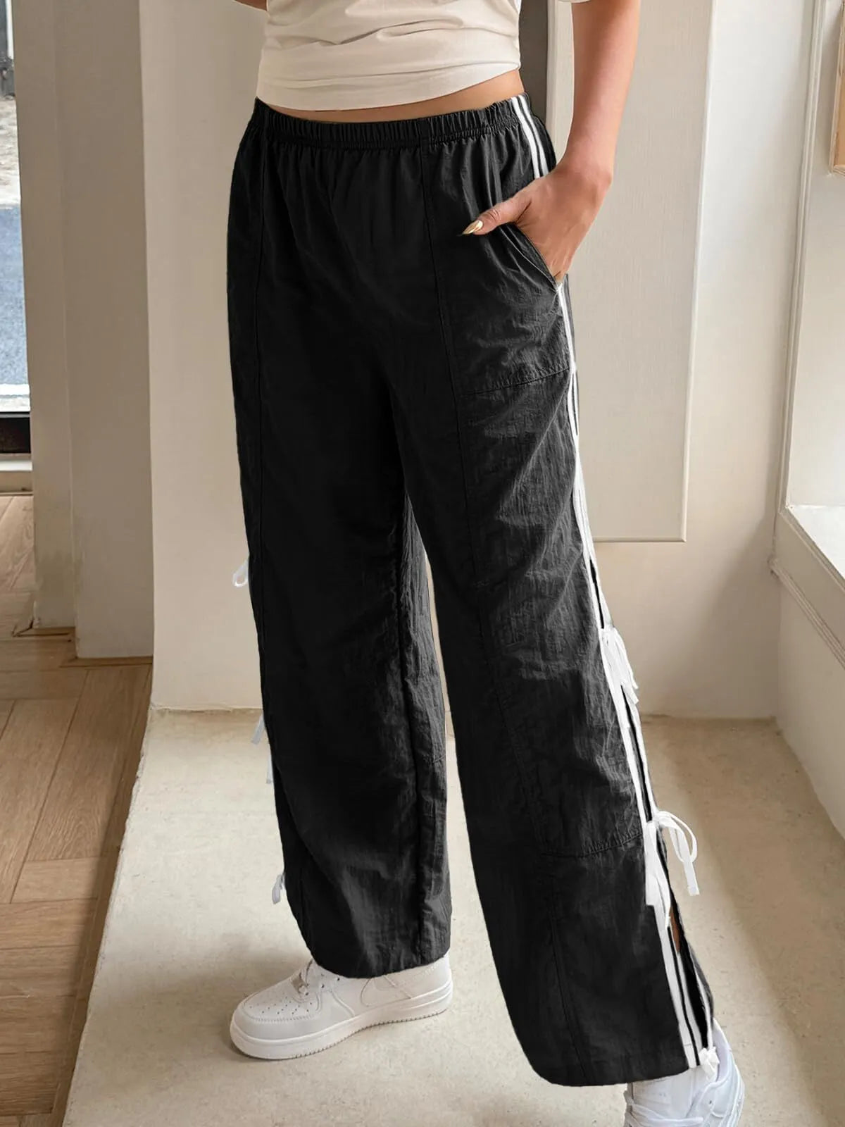 Parachute Style Elastic High Waist Full Twist Hiking Adjustable Cuffs Cargo Pants