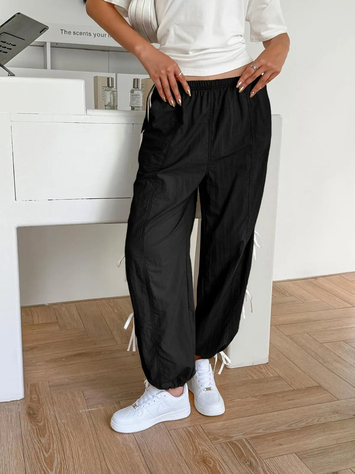 Parachute Style Elastic High Waist Full Twist Hiking Adjustable Cuffs Cargo Pants
