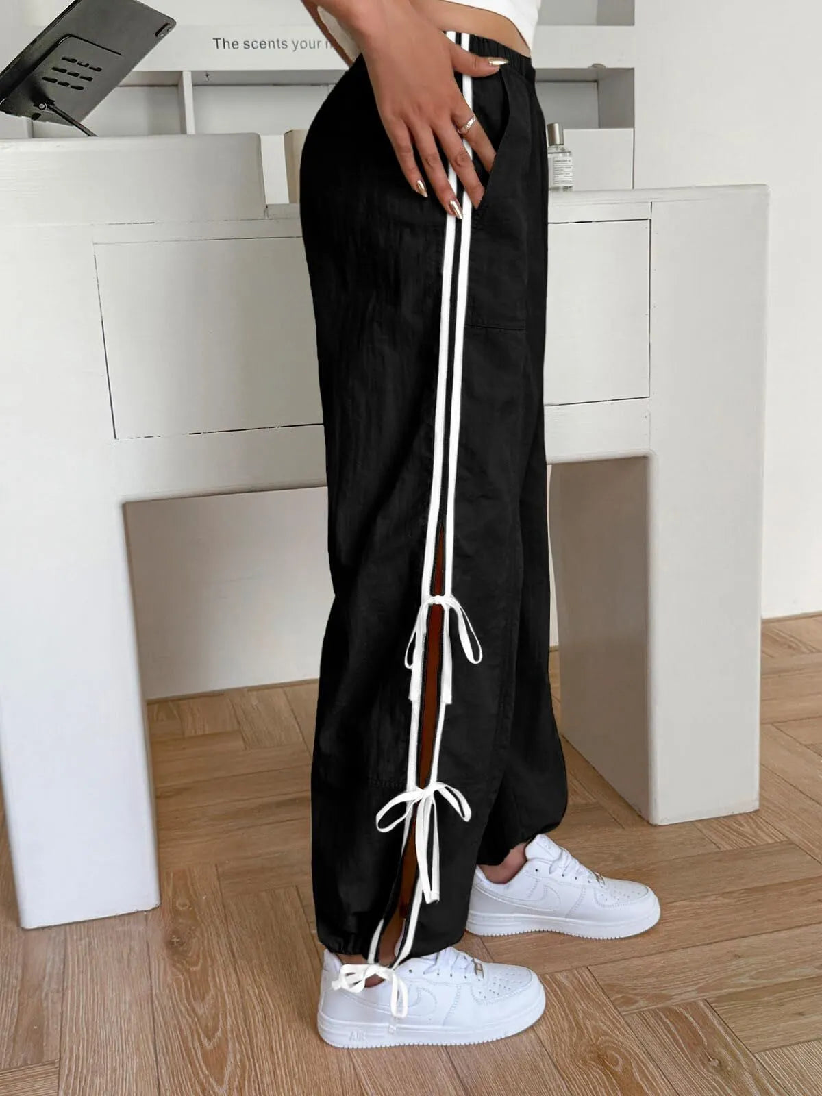 Parachute Style Elastic High Waist Full Twist Hiking Adjustable Cuffs Cargo Pants