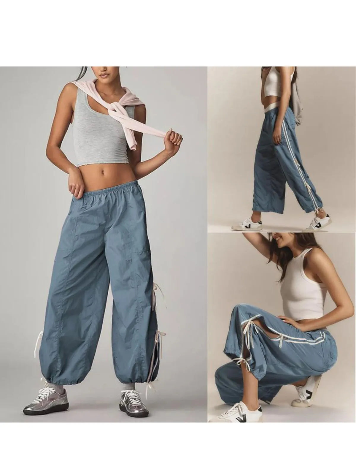 Parachute Style Elastic High Waist Full Twist Hiking Adjustable Cuffs Cargo Pants