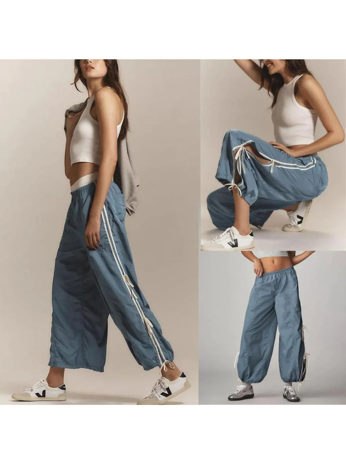 Parachute Style Elastic High Waist Full Twist Hiking Adjustable Cuffs Cargo Pants