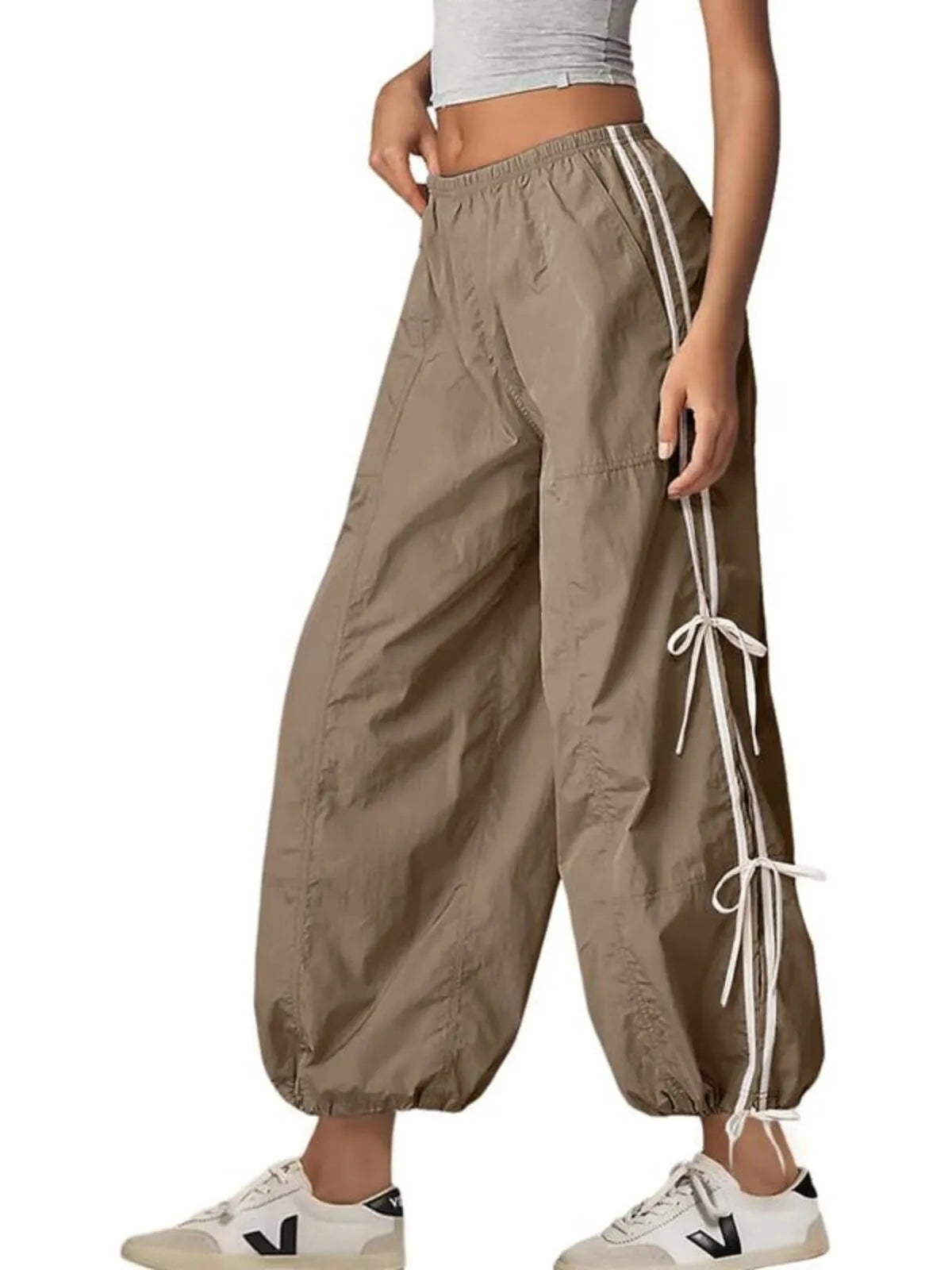 Parachute Style Elastic High Waist Full Twist Hiking Adjustable Cuffs Cargo Pants