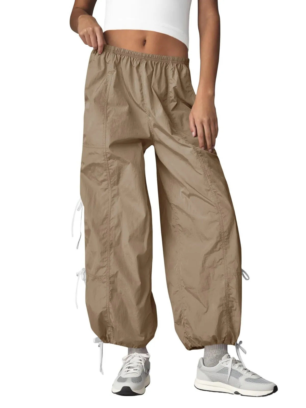 Parachute Style Elastic High Waist Full Twist Hiking Adjustable Cuffs Cargo Pants