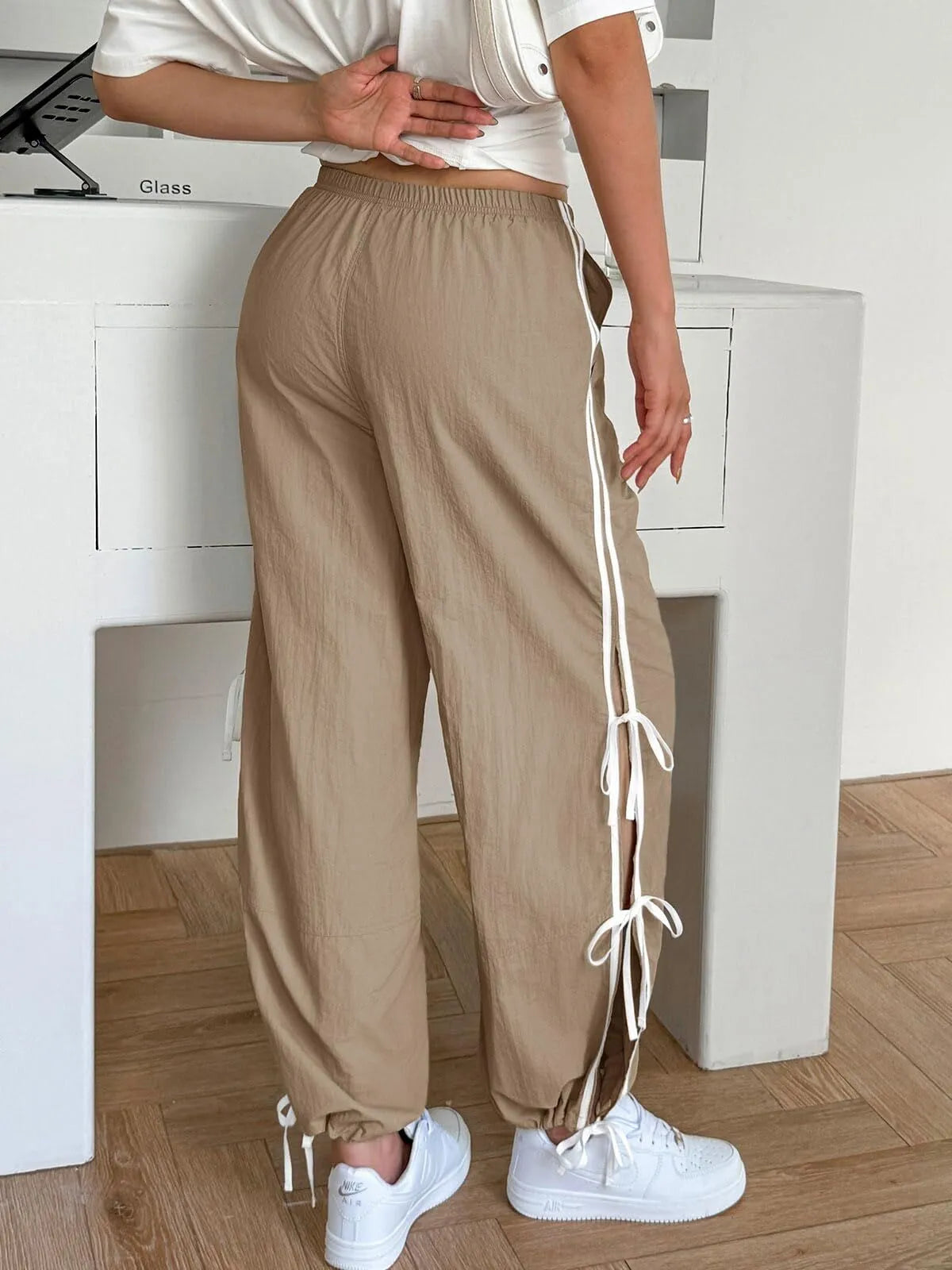 Parachute Style Elastic High Waist Full Twist Hiking Adjustable Cuffs Cargo Pants