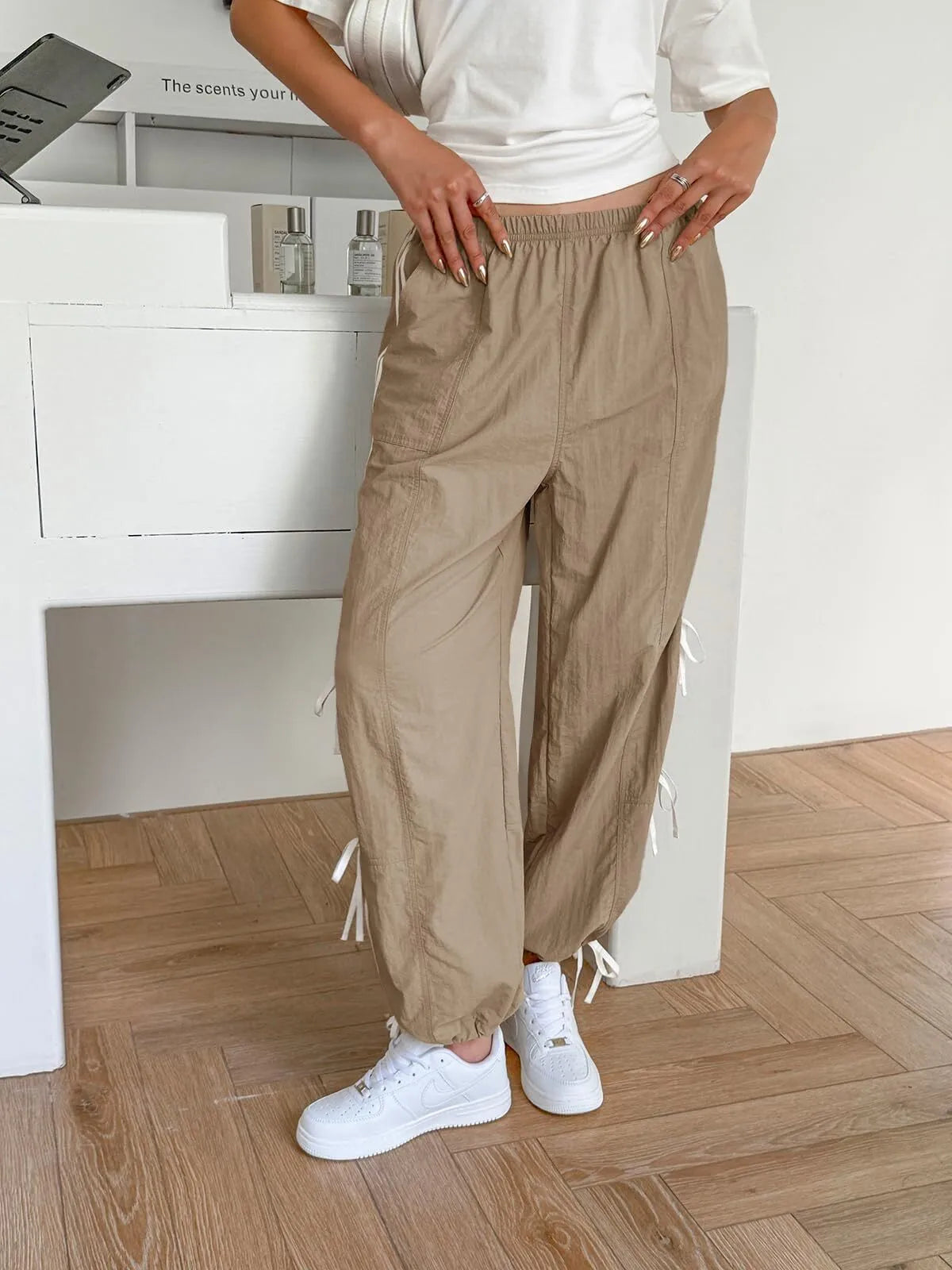 Parachute Style Elastic High Waist Full Twist Hiking Adjustable Cuffs Cargo Pants