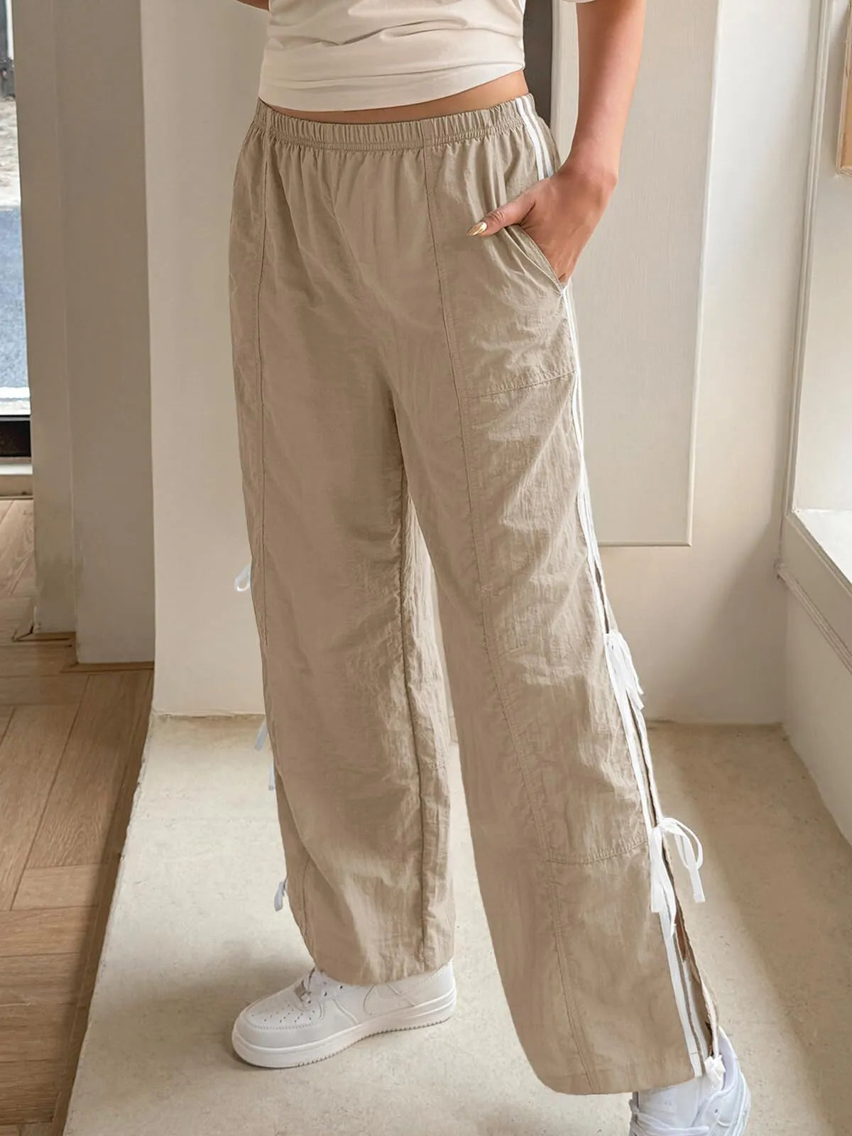 Parachute Style Elastic High Waist Full Twist Hiking Adjustable Cuffs Cargo Pants