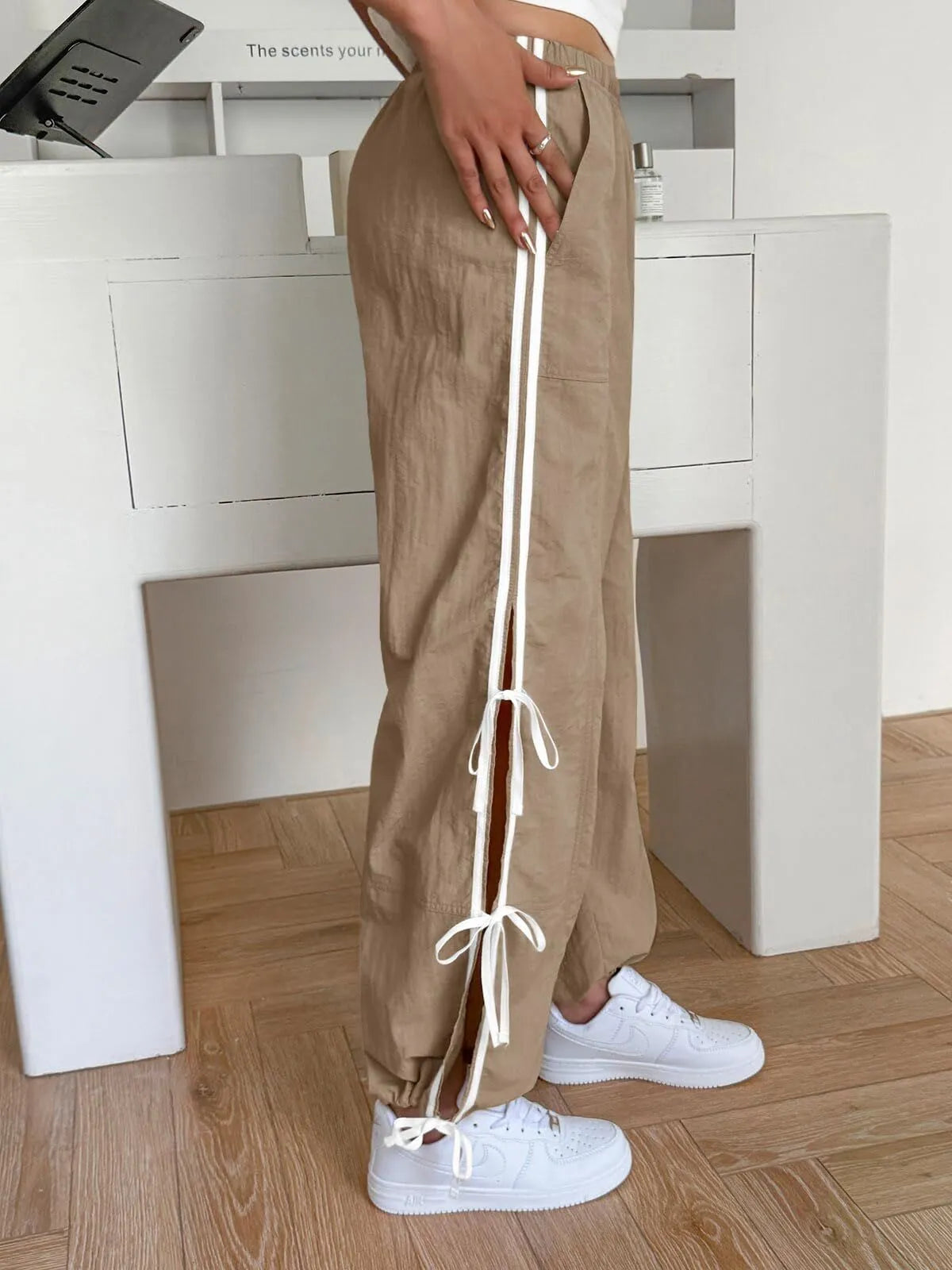 Parachute Style Elastic High Waist Full Twist Hiking Adjustable Cuffs Cargo Pants