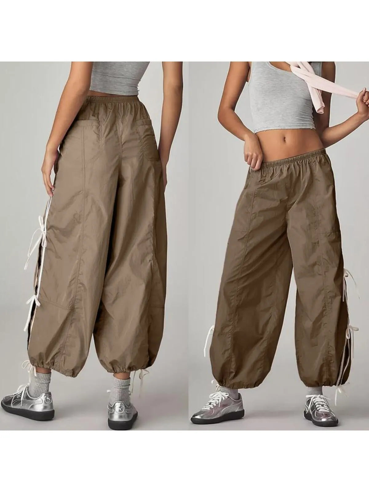Parachute Style Elastic High Waist Full Twist Hiking Adjustable Cuffs Cargo Pants