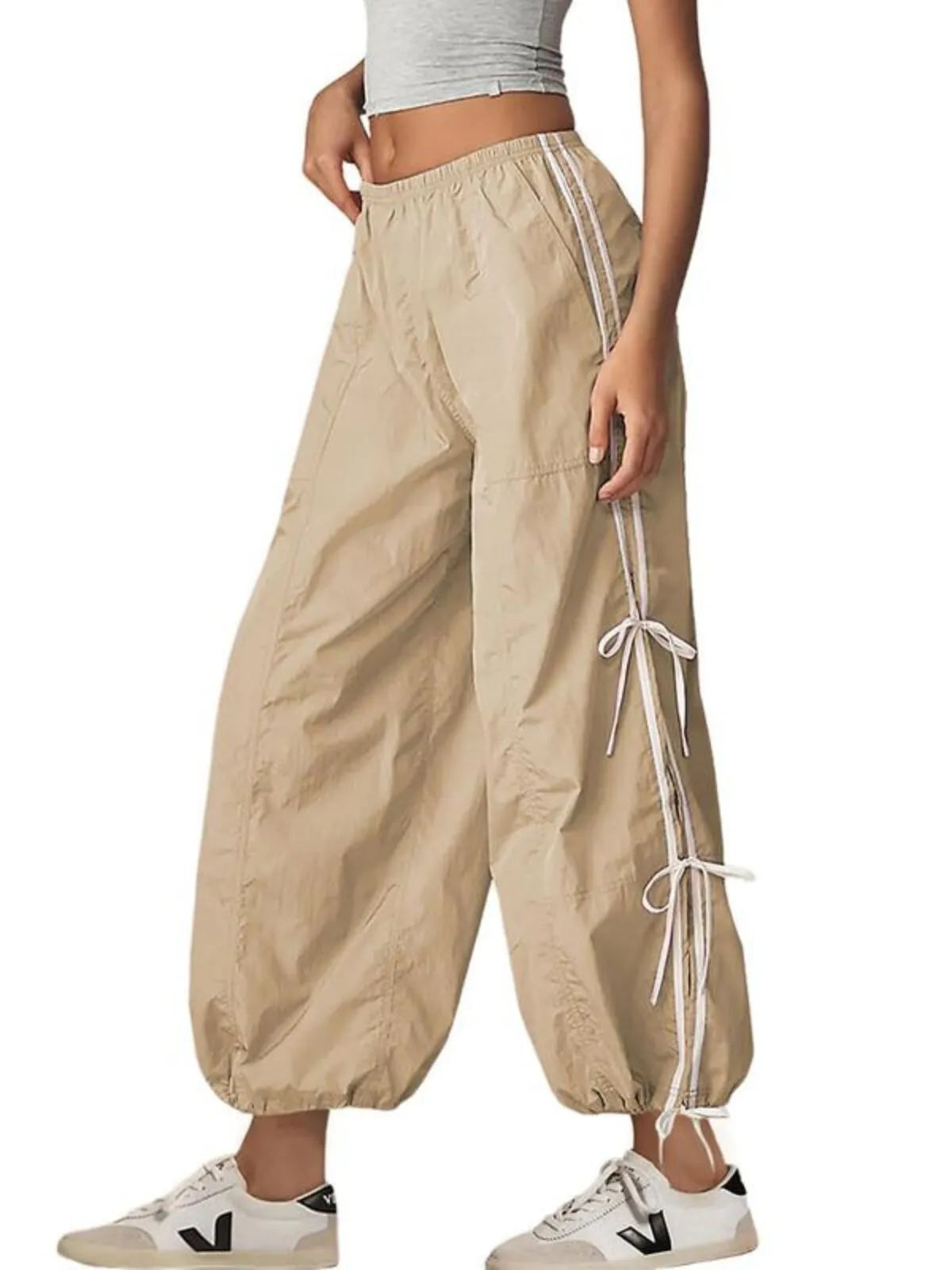 Parachute Style Elastic High Waist Full Twist Hiking Adjustable Cuffs Cargo Pants
