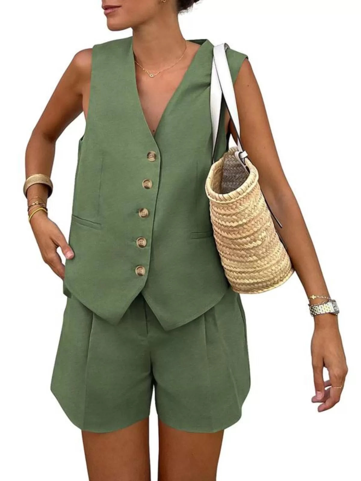 Solid V-neck Button Vest & Solid Shorts