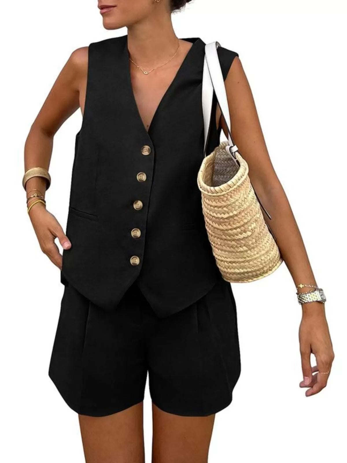 Solid V-neck Button Vest & Solid Shorts