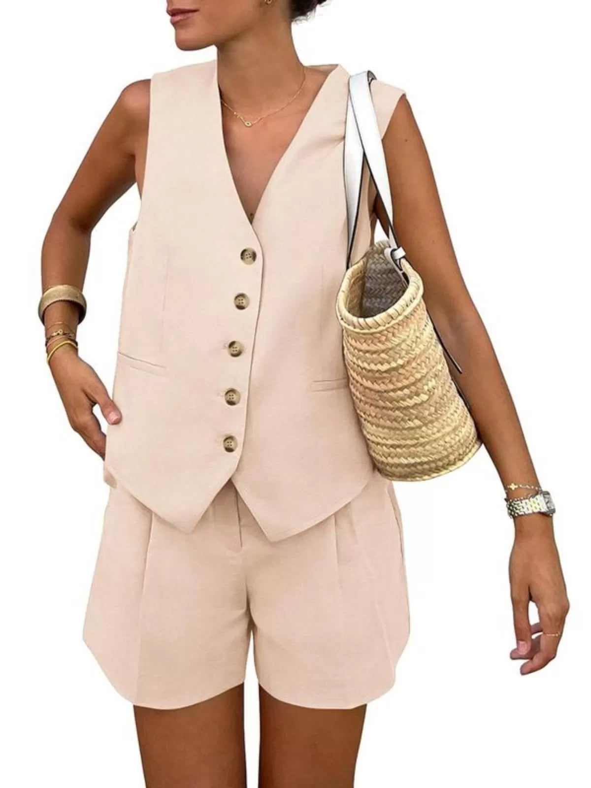 Solid V-neck Button Vest & Solid Shorts