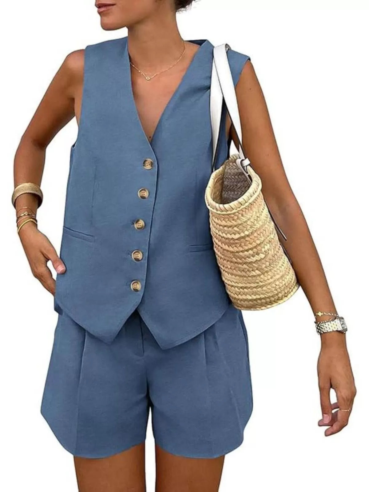 Solid V-neck Button Vest & Solid Shorts