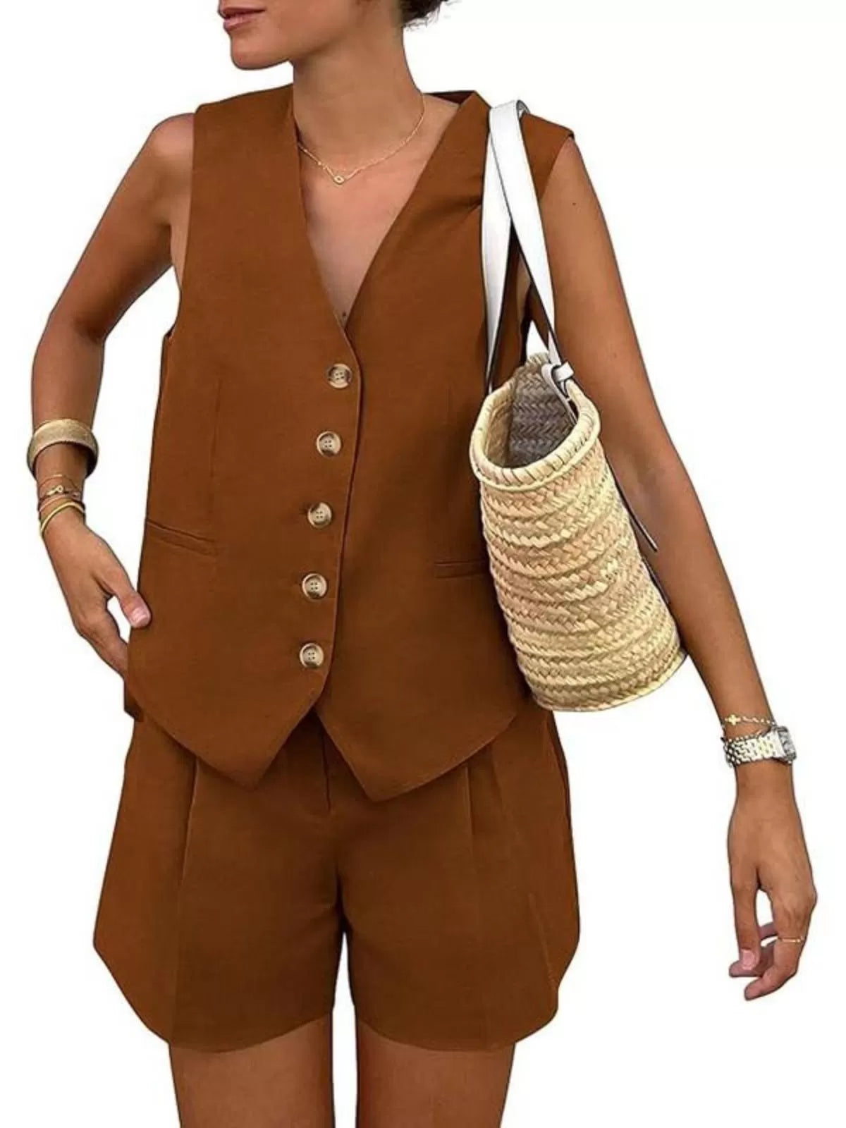 Solid V-neck Button Vest & Solid Shorts