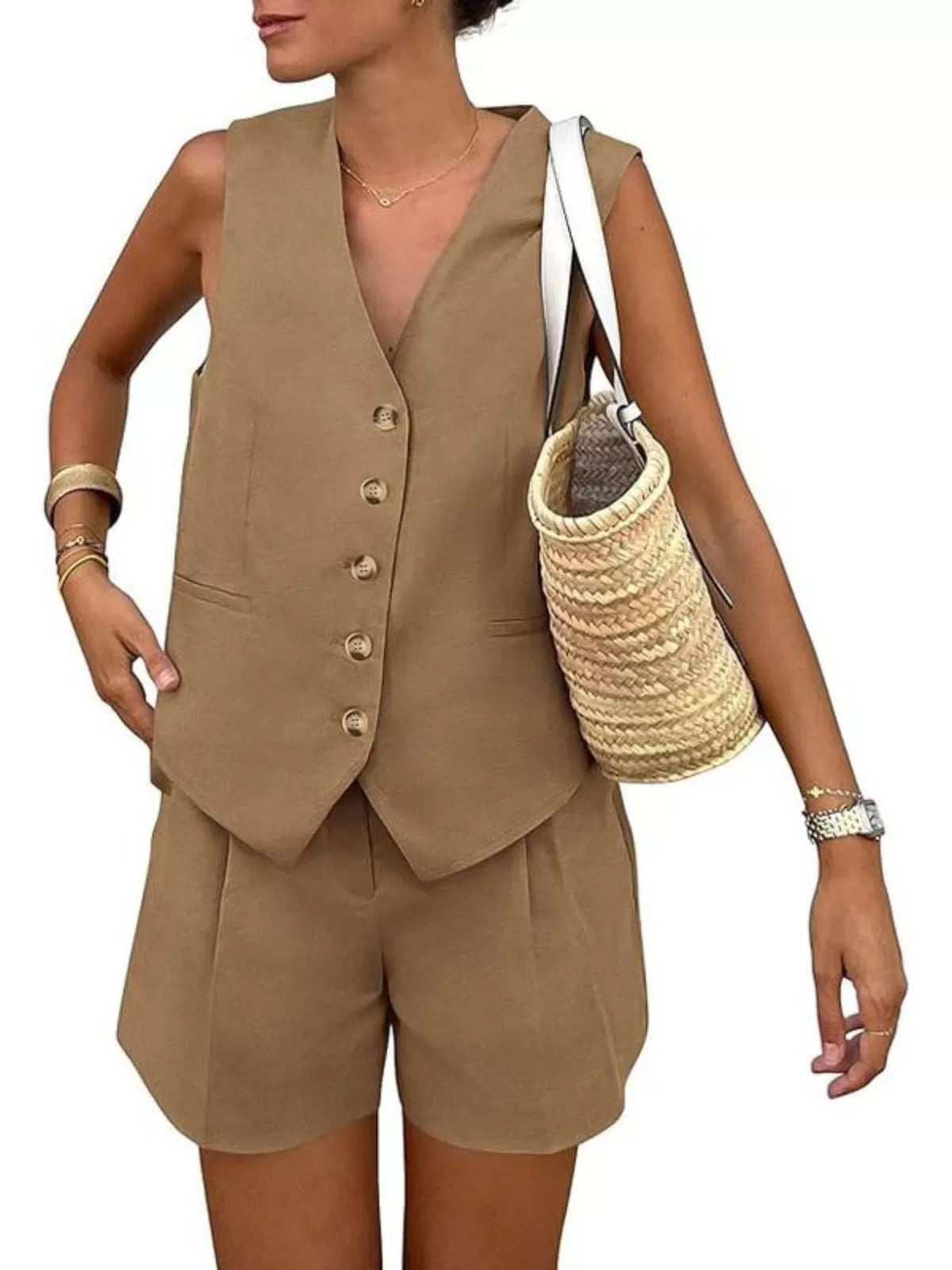 Solid V-neck Button Vest & Solid Shorts