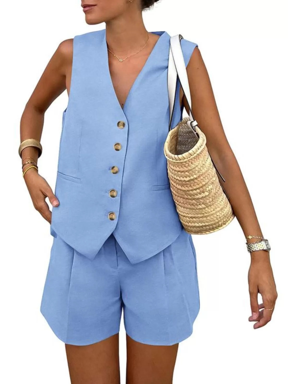 Solid V-neck Button Vest & Solid Shorts